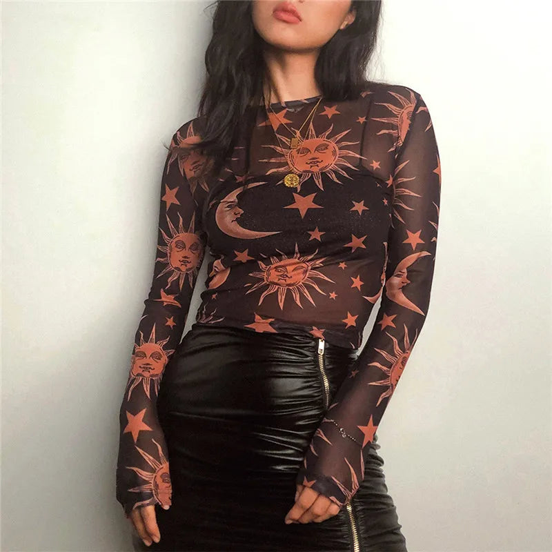 Top transparent avec motif soleil et lune