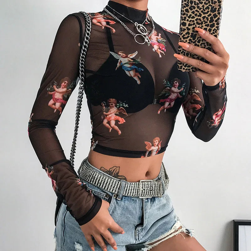 Top gothique transparent à motif Cupidon