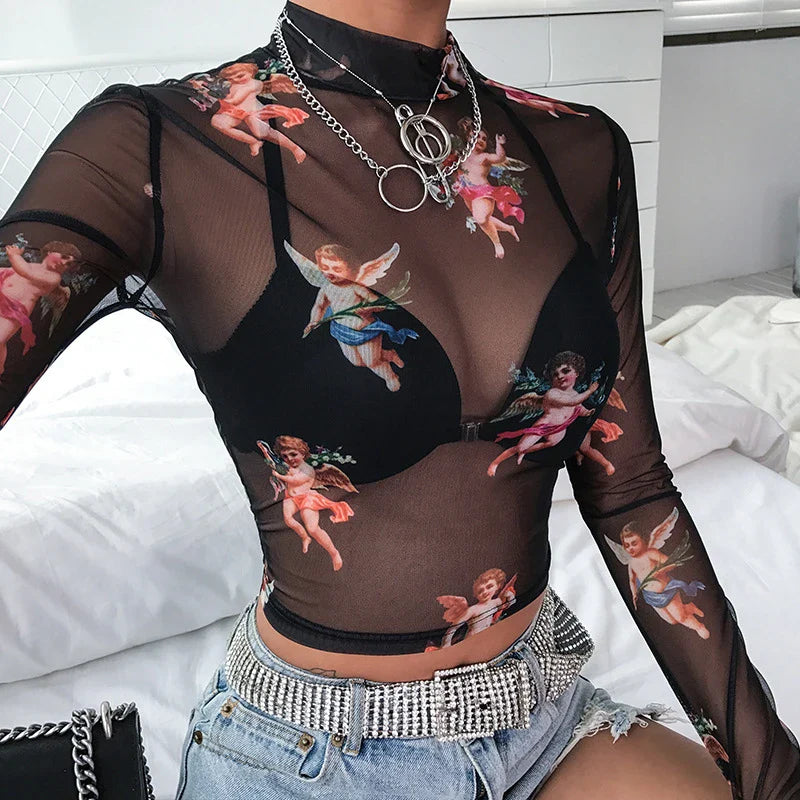 Top gothique transparent à motif Cupidon
