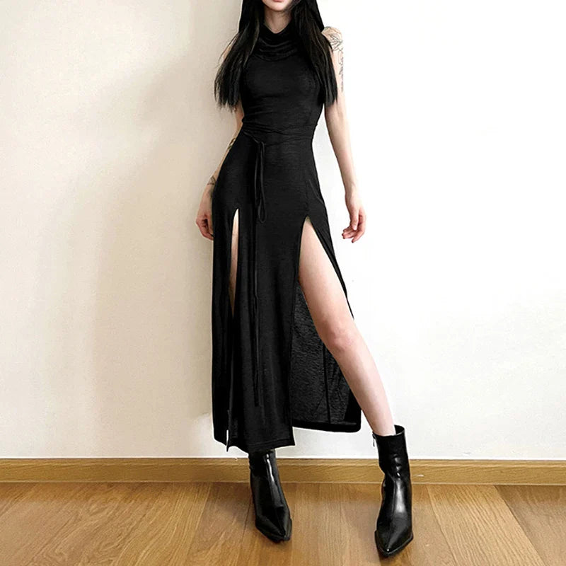 Gothic-Kleid mit Kapuze - schwarz