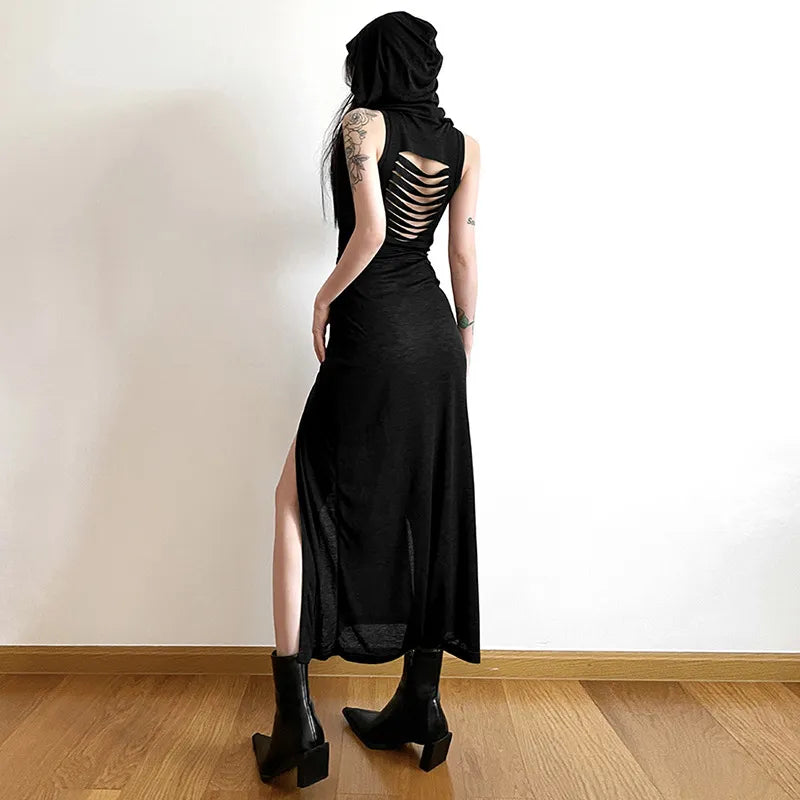 Gothic-Kleid mit Kapuze - schwarz