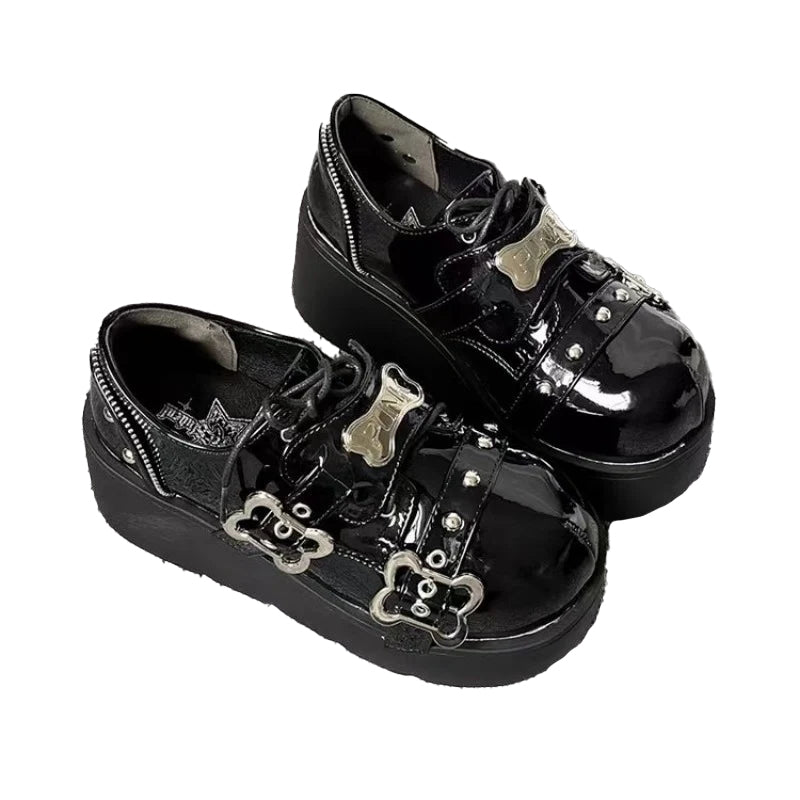 Frühlings-Punk-Plateauschuhe – schwarzer Glanz